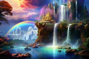 AI generated Beautiful fantasy landscape with waterfall and rainbow in the sky. Digital painting, A magical rainbow waterfall pouring down into a shiny crystal pool, AI Generated photo