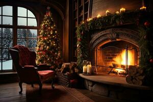 AI generated Christmas interior with fireplace, Christmas tree and gifts. 3D rendering, AI Generated photo