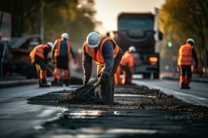 ai generado trabajadores verter asfalto en un la carretera construcción sitio. la carretera reparar, asfalto contratistas trabajando en camino, ingenieros son trabajando en la carretera construcción, ai generado foto