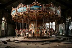 AI generated Carousel in the amusement park. Vintage style toned picture, AI Generated photo