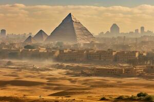 AI generated The pyramids of Giza in Cairo, Egypt in the morning, Egypt, Cairo - Giza, General view of pyramids and cityscape from the Giza Plateau, AI Generated photo