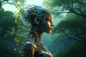 ai generado 3d representación de un fantasía extraterrestre mujer en un verde bosque, digital Arte fusionando tecnología y naturaleza, ai generado foto