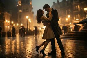 ai generado romántico Pareja en amor bailando en el calle en el lluvia, un Pareja bailando en el lluvia en un guijarro plaza, ai generado foto