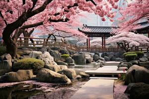 ai generado Cereza florecer en chino jardín - 3d representación, ai generado foto