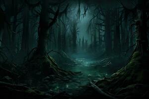 AI generated Mysterious dark forest at night. 3D Rendering, AI Generated photo