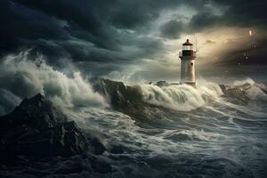 AI generated Stormy stormy sea and lighthouse. Mixed media. Mixed media, AI Generated photo