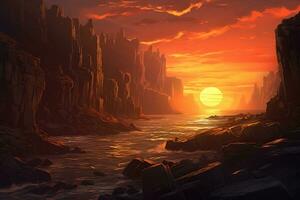 AI generated Alien Planet - 3D Rendered Computer Artwork. Rocks and sea, Dramatic, rugged cliffs against an ocean sunset, AI Generated photo