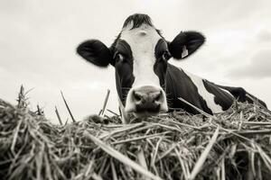 AI generated Black and white portrait of a cow in a field with hay, Black and white cow eating hay, Feeding cows, AI Generated photo