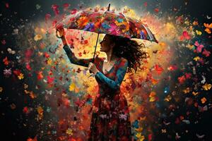 AI generated Young woman with umbrella and colorful autumn leaves on black background. Mixed media, AI Generated photo