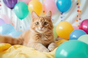 ai generado linda jengibre Maine mapache gato acostado en cama con vistoso globos, adorable jengibre gato rodeado por vistoso globos mientras sentado en un cama, mullido mascota, ai generado foto