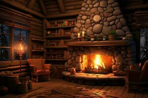 AI generated 3D rendering of a log cabin in the mountains at sunset, AI Generated photo