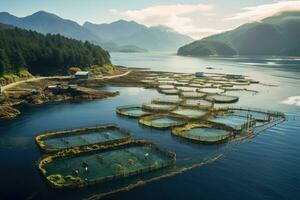 AI generated Aerial view of fish farm in Lofoten islands, Norway, A salmon fish farm in ocean water near the coast of Streymay Island, AI Generated photo