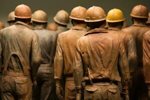 AI generated Terracotta Army soldiers in a museum in Lisbon, Portugal, Rear view of a group of mine workers wearing helmets, AI Generated photo