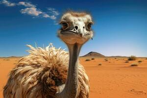 AI generated Ostrich in the Sahara desert, Morocco, Africa. Ostrich portrait, Ostrich in the desert HD 8K wallpaper stock photographic image, AI Generated photo