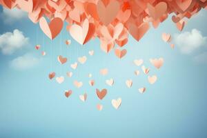 AI generated Paper hearts on blue sky background. Valentine's day concept. 3D Rendering, Heart-shaped paper art hanging from the sky on a pastel background, AI Generated photo