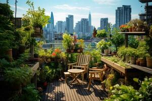 ai generado al aire libre terraza con ver de rascacielos y edificios, un hermosa techo jardín en el ciudad adornado con lozano verde plantas, ai generado foto