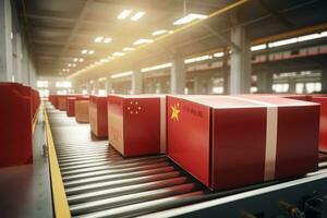 AI generated 3d rendering of cardboard boxes on conveyor belt in factory, Cardboard boxes with a red Chinese flag on the roller conveyor, AI Generated photo