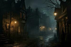 AI generated Foggy street with old houses in the old town at night, AI Generated photo