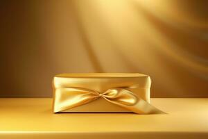 AI generated 3d render of golden silk with podium on beige background, Present a golden luxurious fabric or cloth placed on a top pedestal or blank podium shelf against a gold background, AI Generated photo