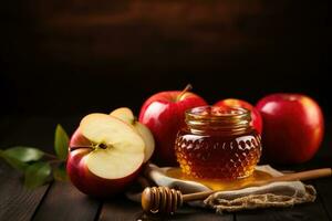 AI generated Honey in a glass jar and fresh red apples on wooden background, Apple and honey, traditional food of the Jewish New Year - Rosh Hashanah, Copy space background, AI Generated photo