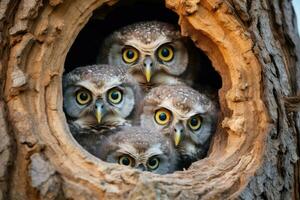 AI generated Little owls looking out of a hole in a tree trunk, A family of owls peering out from their tree hollow, AI Generated photo