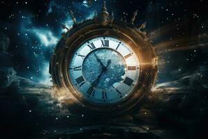 AI generated Time concept with clock and planets in space. Elements of this image furnished by NASA, Passage of time with a clock in space, AI Generated photo