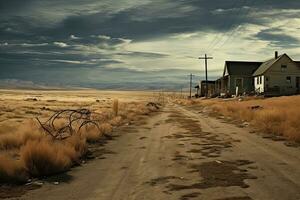 ai generado Desierto paisaje con antiguo casas en el primer plano y un la carretera en el fondo, ai generado foto