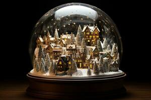 AI generated Snow globe with houses and trees in the snow. Christmas decoration, AI Generated photo