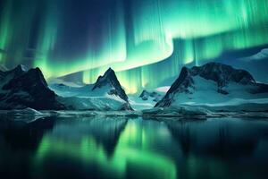 ai generado Aurora boreal, del Norte luces y Nevado montañas en el fondo, ai generado foto