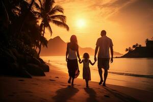 contento joven familia con pequeño hija tener divertido a hermosa playa a atardecer, posterior ver de un contento familia a atardecer, ai generado foto