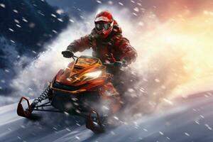 AI generated Athlete on a snowmobile. Extreme sport. Digital painting, AI Generated photo