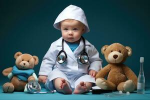 ai generado linda bebé chico jugando médico con estetoscopio y juguete oso, bebé y estetoscopio de pediatra para cuidado de la salud consultante, ai generado foto