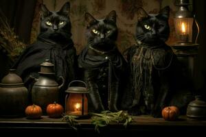 AI generated Scheming witches' familiars, such as cunning black cats - Generative AI photo