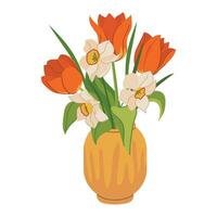 Red tulips vase in flat style on white background. Spring bouquet. Vector illustration.