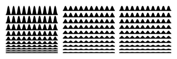 un colección de ondulado zigzag horizontal ondulante líneas, sin costura fronteras, y suave y angular gráfico diseño elementos conjunto en un blanco antecedentes. vector