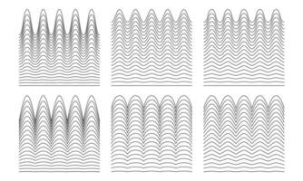 un colección de ondulado zigzag horizontal ondulante líneas, sin costura fronteras, y suave y angular gráfico diseño elementos conjunto en un blanco antecedentes. vector