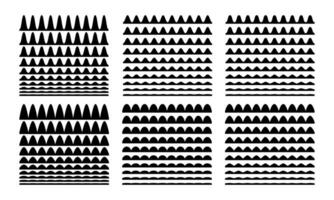 un colección de ondulado zigzag horizontal ondulante líneas, sin costura fronteras, y suave y angular gráfico diseño elementos conjunto en un blanco antecedentes. vector