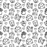 The love theme doodle style seamless pattern in black and white, Valentines Day hand-drawn icons with a simple engraving retro effect. Romantic mood, cute symbols and elements backgrounds collection. vector