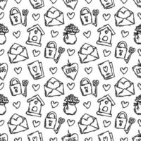 The love theme doodle style seamless pattern in black and white, Valentines Day hand-drawn icons with a simple engraving retro effect. Romantic mood, cute symbols and elements backgrounds collection. vector