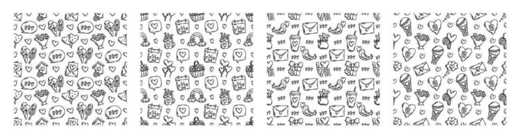 The love theme doodle style seamless pattern in black and white, Valentines Day hand-drawn icons with a simple engraving retro effect. Romantic mood, cute symbols and elements backgrounds collection. vector