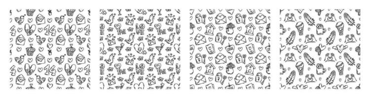 The love theme doodle style seamless pattern in black and white, Valentines Day hand-drawn icons with a simple engraving retro effect. Romantic mood, cute symbols and elements backgrounds collection. vector