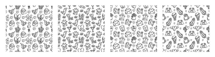 The love theme doodle style seamless pattern in black and white, Valentines Day hand-drawn icons with a simple engraving retro effect. Romantic mood, cute symbols and elements backgrounds collection. vector