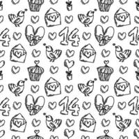 The love theme doodle style seamless pattern in black and white, Valentines Day hand-drawn icons with a simple engraving retro effect. Romantic mood, cute symbols and elements backgrounds collection. vector