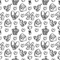 The love theme doodle style seamless pattern in black and white, Valentines Day hand-drawn icons with a simple engraving retro effect. Romantic mood, cute symbols and elements backgrounds collection. vector