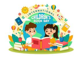 International Children's Book Day Vector Illustration on 2 April with Kids Reading a Books and Globe Map in Flat Cartoon Background Design