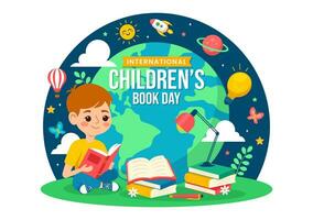 internacional para niños libro día vector ilustración en 2 abril con niños leyendo un libros y globo mapa en plano dibujos animados antecedentes diseño