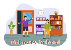 Primary School Vector Illustration of Students Children and School Building with The Concept of Learning and Knowledge in Flat Cartoon Background