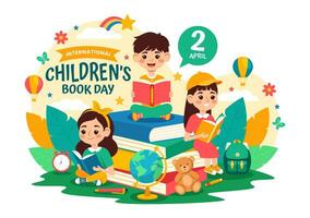 internacional para niños libro día vector ilustración en 2 abril con niños leyendo un libros y globo mapa en plano dibujos animados antecedentes diseño