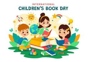 internacional para niños libro día vector ilustración en 2 abril con niños leyendo un libros y globo mapa en plano dibujos animados antecedentes diseño