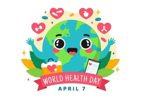 mundo salud día vector ilustración en abril 7mo con tierra y médico equipo para el importancia de sano y estilo de vida en dibujos animados antecedentes